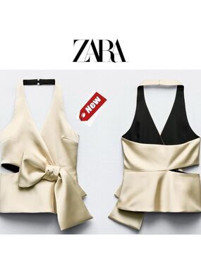 Zara satin Bow tie cut-out side opening halter top V-neck in soft gold Sz L NWT